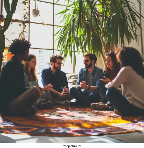 Multiethnic group of friends sitting on the floor in a circle having a conversation