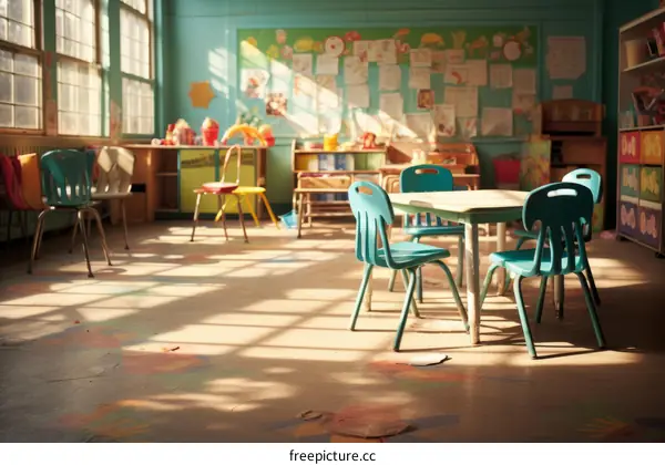 An Empty Classroom with Blue Chairs and a Table