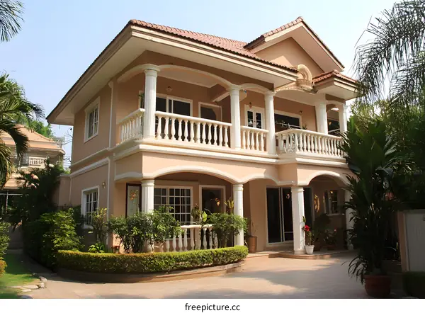 Luxury Two Story House With Balconies And Columns