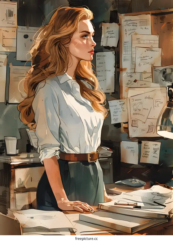 Confident businesswoman standing in front of a board with papers and sticky notes