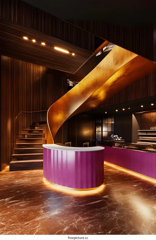 Modern Interior Design with Gold Staircase and Pink Reception Desk