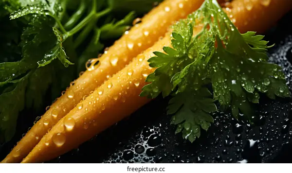 Close-up of orange carrots with green leaves covered in water droplets against a black background