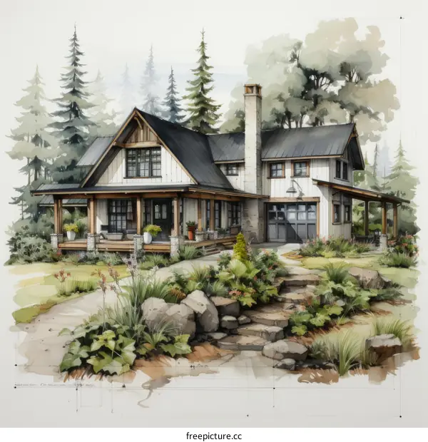 An illustration of a beautiful house in the woods
