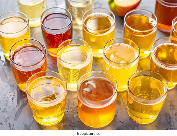 Variety of Apple Cider in Glasses on Grey Background