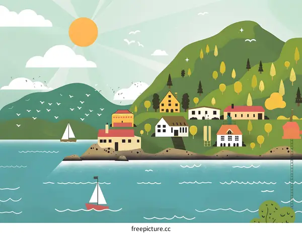 Sea View Illustration of a Small Town with Houses