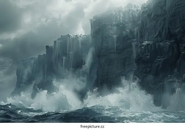 Huge dark cliffs rising out of the ocean with crashing waves