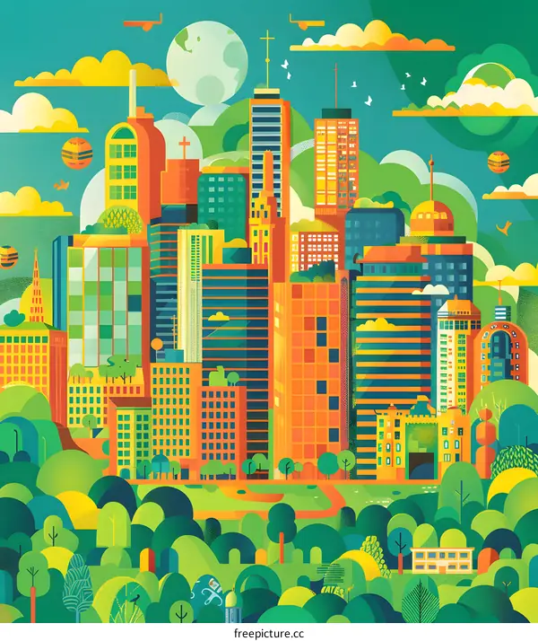 Green Cityscape, Modern Architecture, and Flat Design