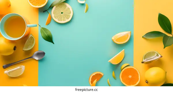 Citrus Fruits and Tea on a Colorful Background