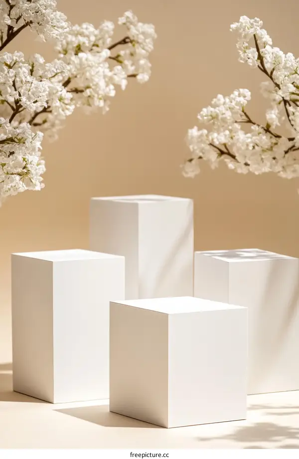 White Cubic Display Stands with Blooming Flowers
