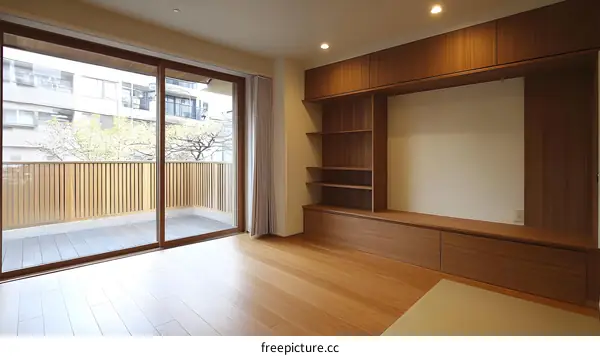 Modern Minimalist Home Interior Design with Wooden Wall Units and Sliding Glass Doors