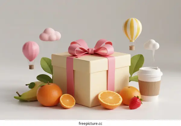 A gift box with pink ribbon surrounded by fruits and hot air balloons