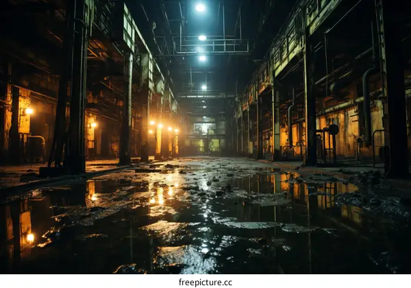 An eerie abandoned factory building with water on the floor reflecting the lights