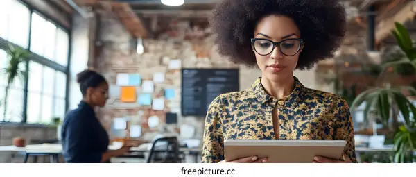 African American Woman Using Tablet in Modern Office