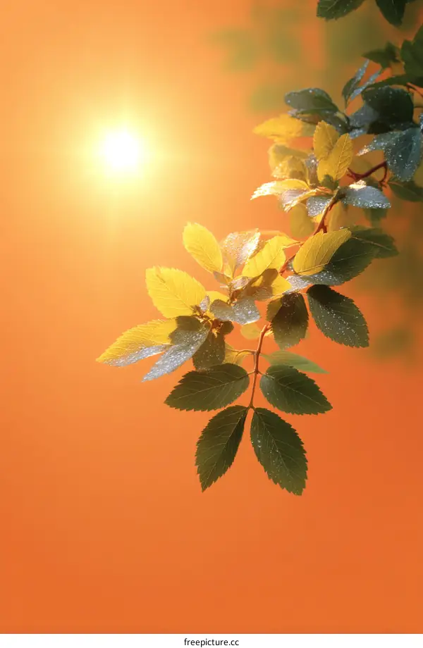 Sunrise Through Leaves with Dew Drops