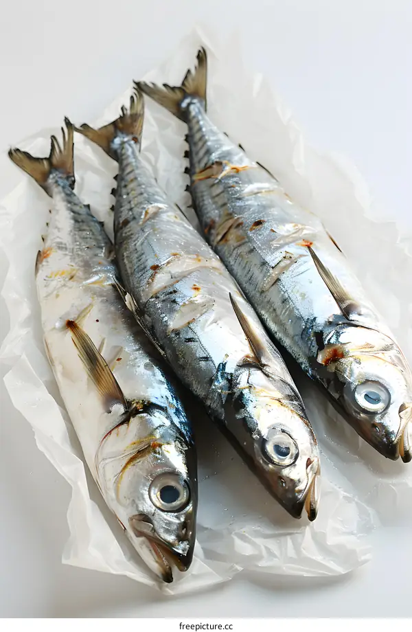 Three grilled mackerels on white paper