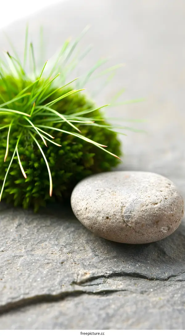 Green Grass and Smooth Stone on Gray Background