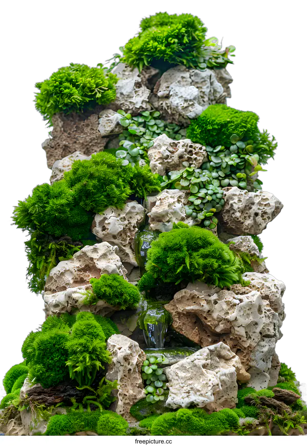 [Transparent Background PNG]Green Moss And Rock Water Feature