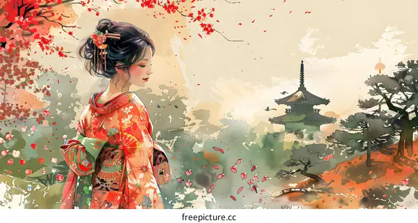 A beautiful Japanese woman in a kimono standing in a field of red彼岸花 flowers with a pagoda in the background