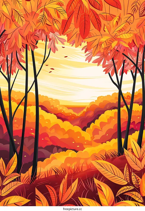 Autumn Landscape Illustration with Red and Yellow Leaves