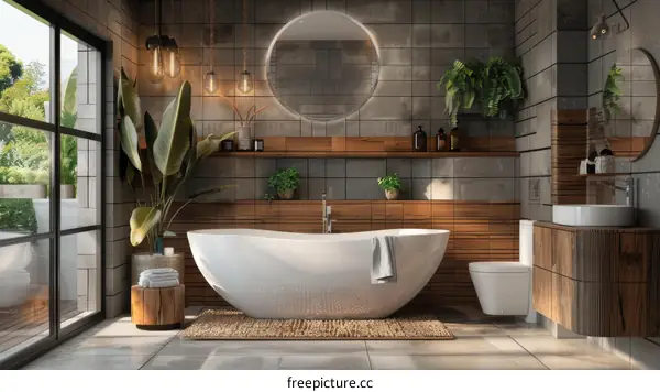 Modern, Stylish Bathroom with Bathtub, Sink, Shower and Tiles in IKEA Style