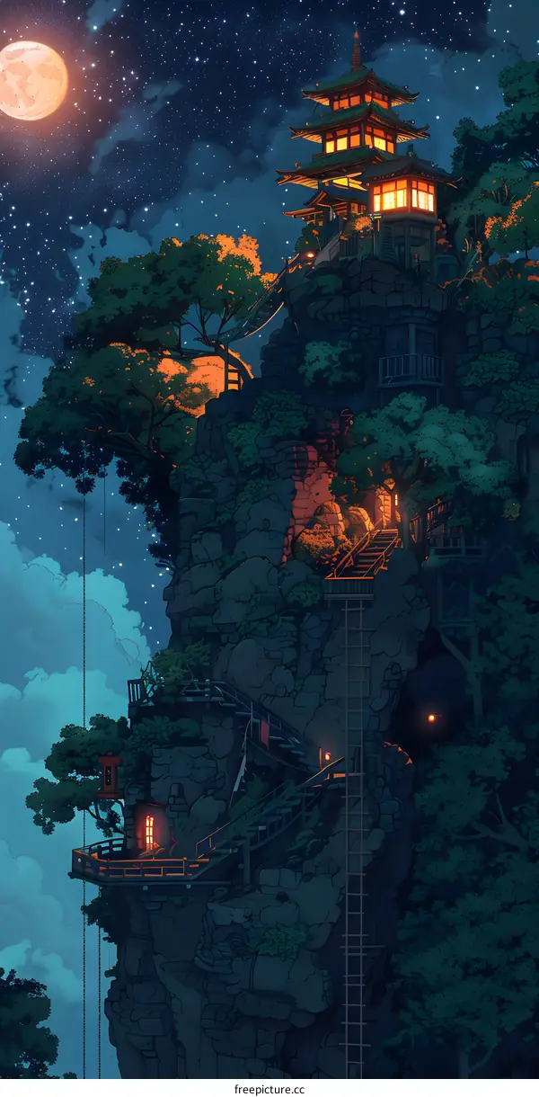 Night Sky Above Cliffside Pagoda