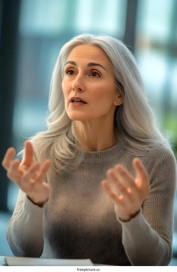 Portrait of a Caucasian Woman with Gray Hair and a Serious Expression