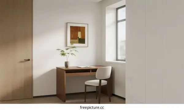 Minimalist Study Room with Wooden Desk and White Chair