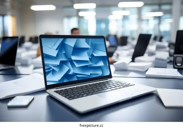 A laptop sits on a desk covered in paperwork and files