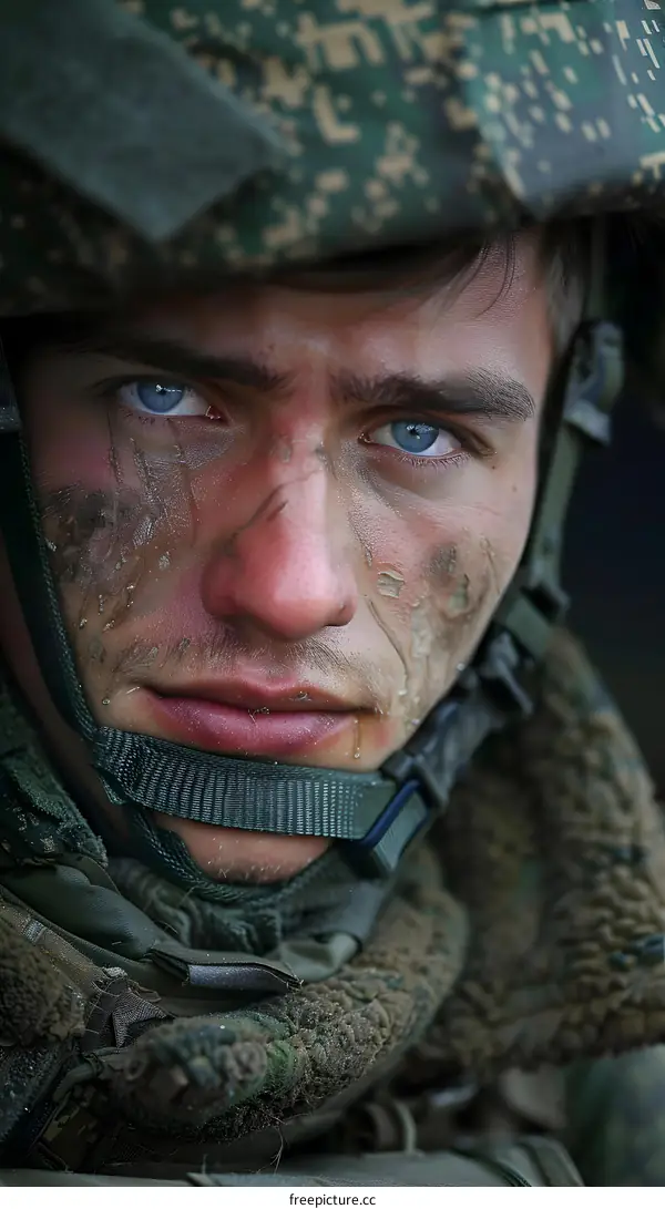 Portrait of a young soldier with blue eyes and a camouflage helmet