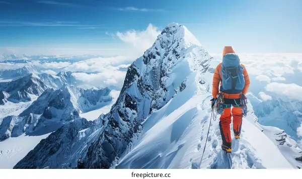 Mountaineer on the summit of a snow-capped mountain