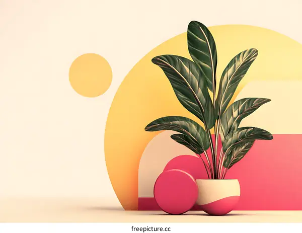 Abstract Minimalist Illustration with Plant in Pot and Geometric Shapes