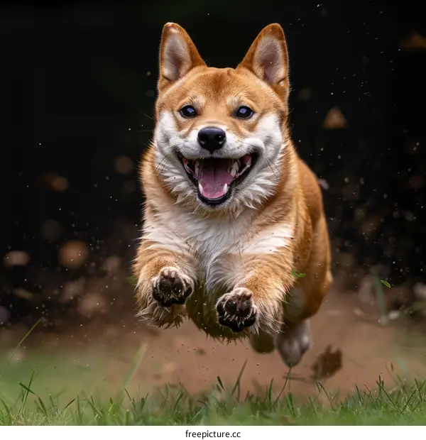 A happy Shiba Inu dog running in mid-air