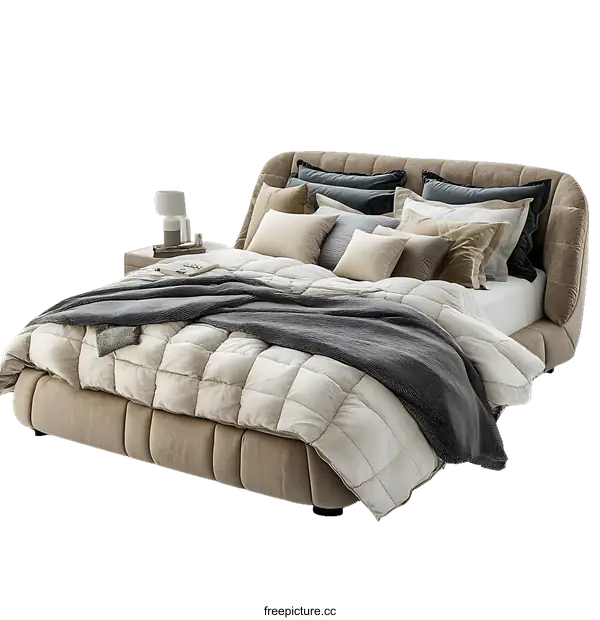 [Transparent Background PNG]Modern Luxurious Beige Upholstered Bed