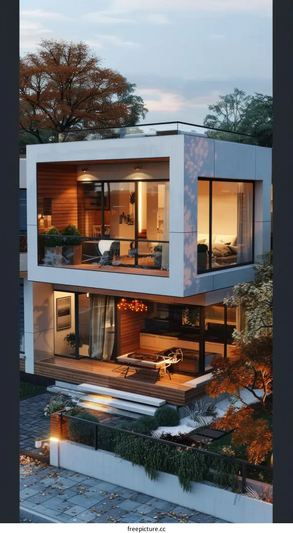 Modern Residential House with Evening Lights