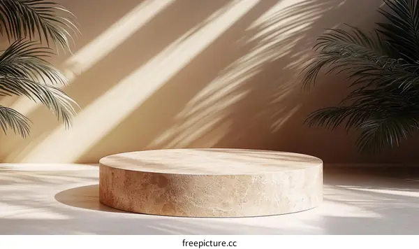 Beige Marble Podium Display Scene with Sunlight and Palm Trees