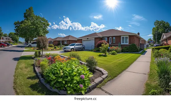 A wide angle view of a suburban street with a row of townhouses on a sunny day