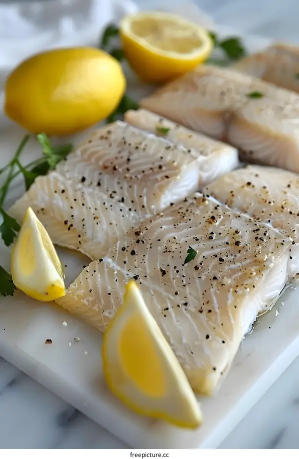 Fresh raw cod fillets with lemon wedges and parsley on marble board