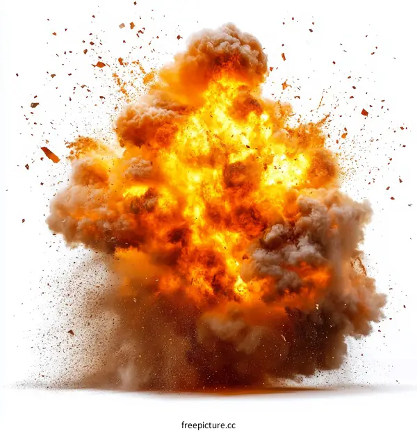 Explosion with Debris and Smoke on White Background
