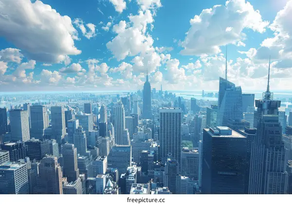 Stunning New York City Skyline with Blue Sky and Clouds