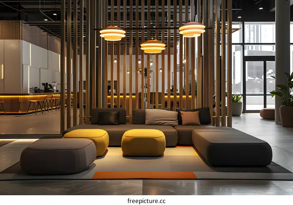 Modern Hotel Lobby Interior Design With Grey Sofa And Yellow Ottomans