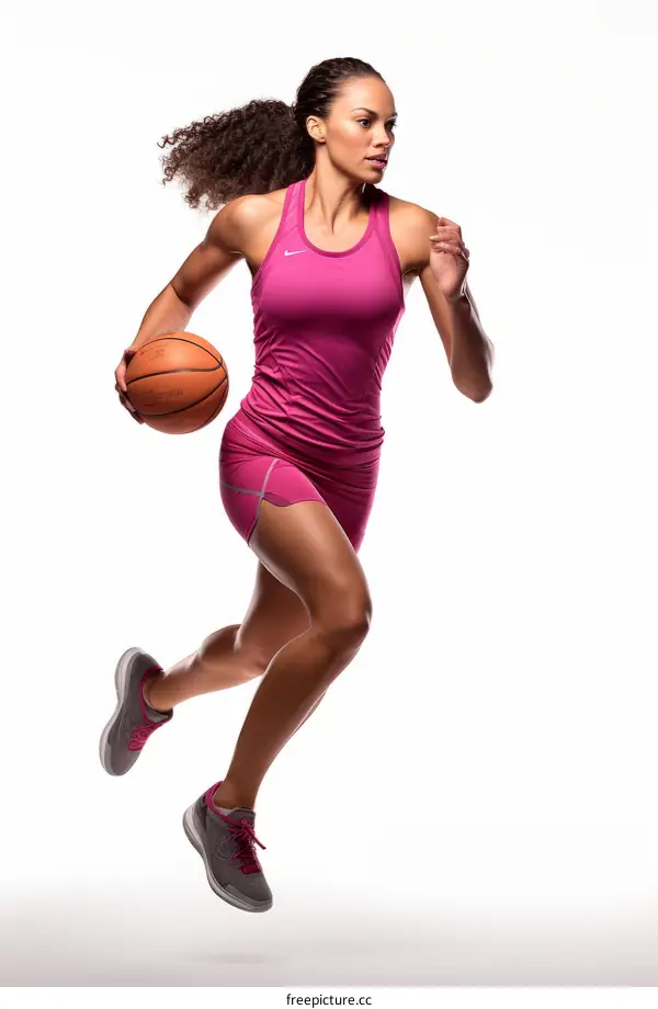 Young female basketball player dribbling ball