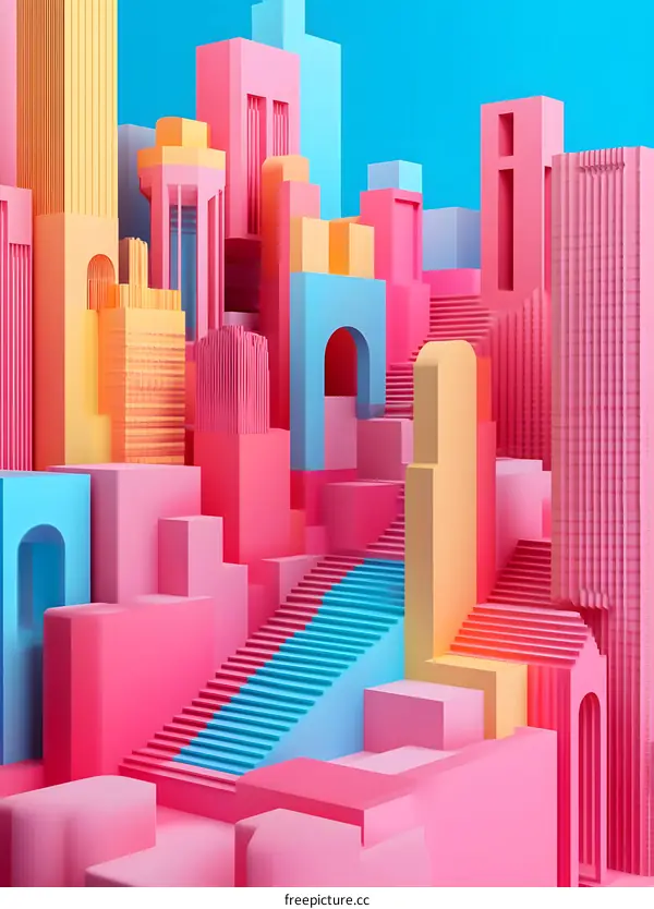 Abstract Colorful Cityscape with Stairs and Geometric Shapes