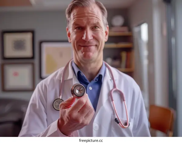 Portrait of a smiling Caucasian male doctor holding a stethoscope