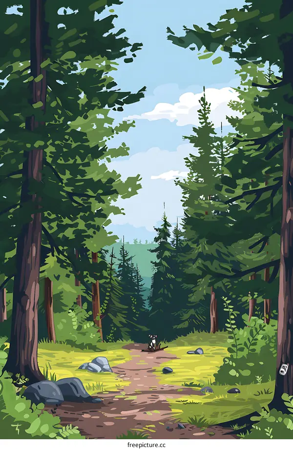 Dog Sitting on Path in Forest