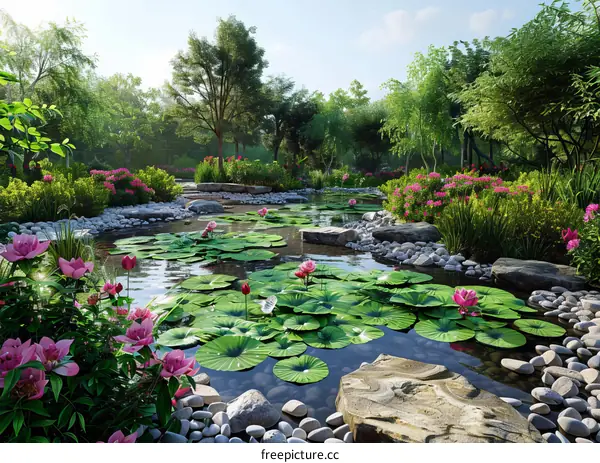 A beautiful pond in a Japanese garden with pink flowers and green lotus leaves