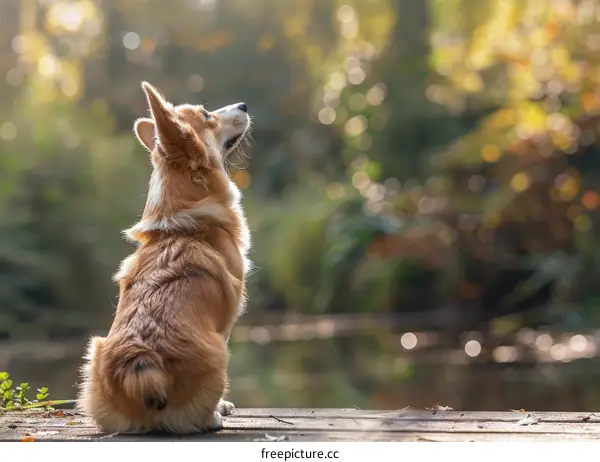 A lone corgi sits on a wooden dock and gazes at the water