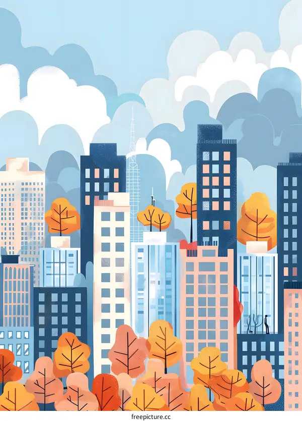 Autumn Cityscape with People on Rooftop