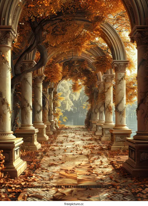 Autumn Park Walkway with Marble Columns and Fallen Leaves