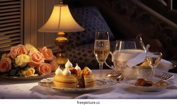 Elegant hotel room service with champagne, cake, and roses