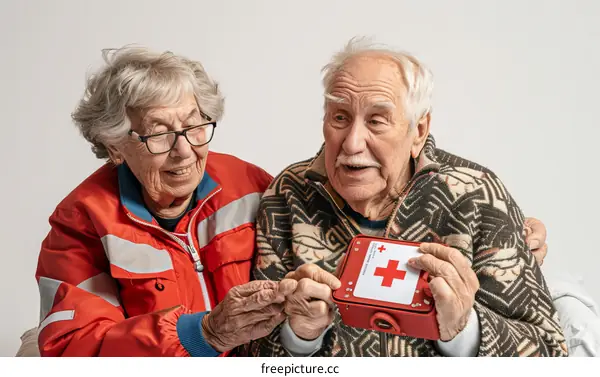 Two elderly people are looking at a first aid kit.